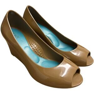 Oka B Emery Jelly Wedge Heel Womens 7/37 Nude Tan Peep Toe Shoes Handcrafted USA